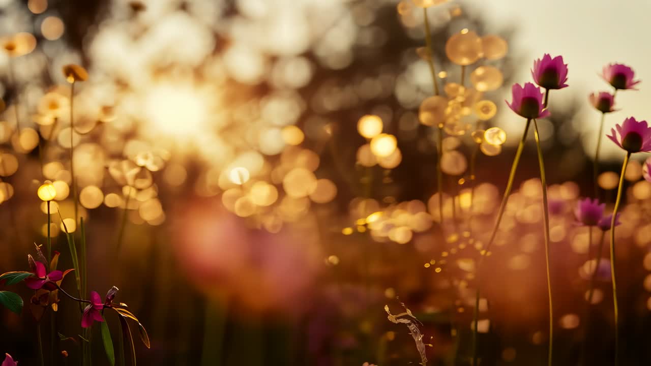 Shifting focus from bright sun, camera revealing right pink wildflower stems with bokeh, copy space