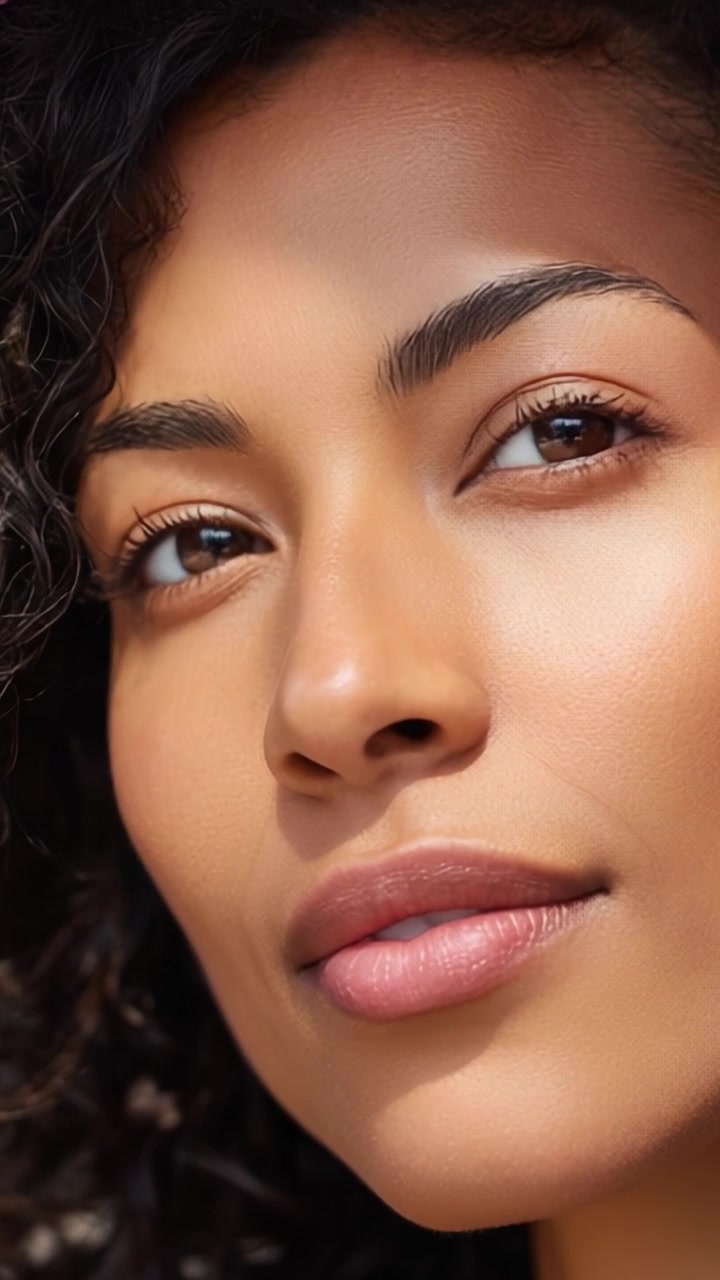 Close-Up Portrait Highlighting Natural Beauty and Radiant Skin Glow of Subject with Curly Hair in Soft Lighting, Capturing Emotion and Expression