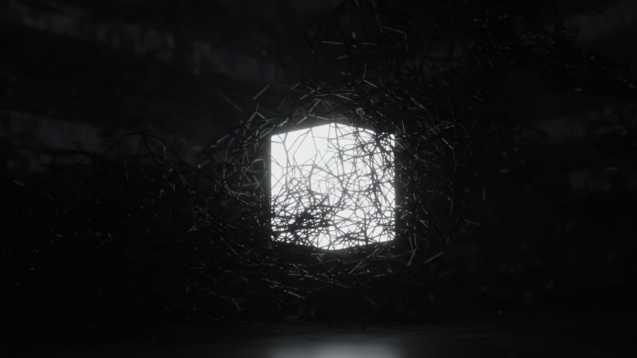 A Mysterious Light Emanating from a Shrouded Structure Surrounded by Intricate, Twisted Shadows and Forms in a Dimly Lit Environment