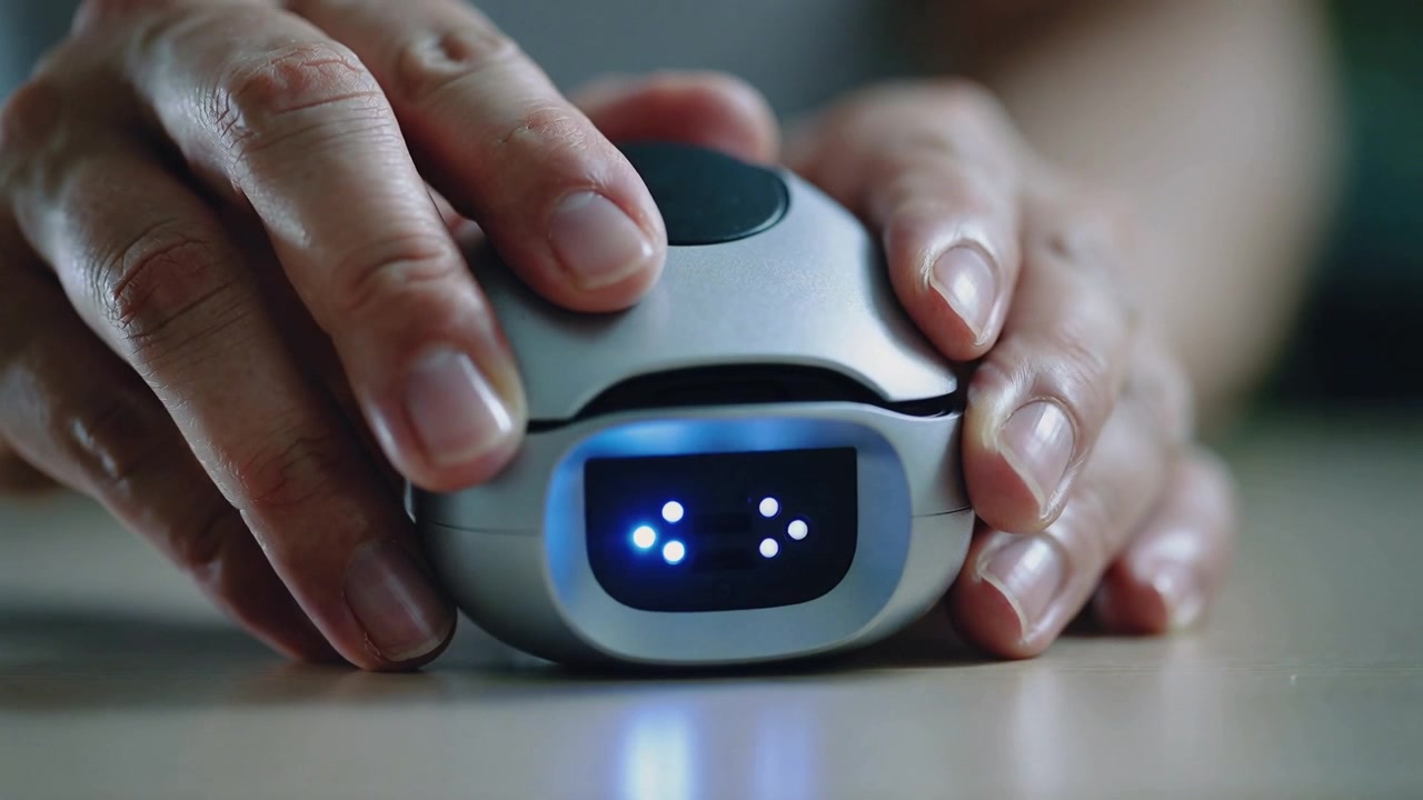 Aligning hands lowering pronged top onto base on tabletop, pressing to power device's blue LEDs