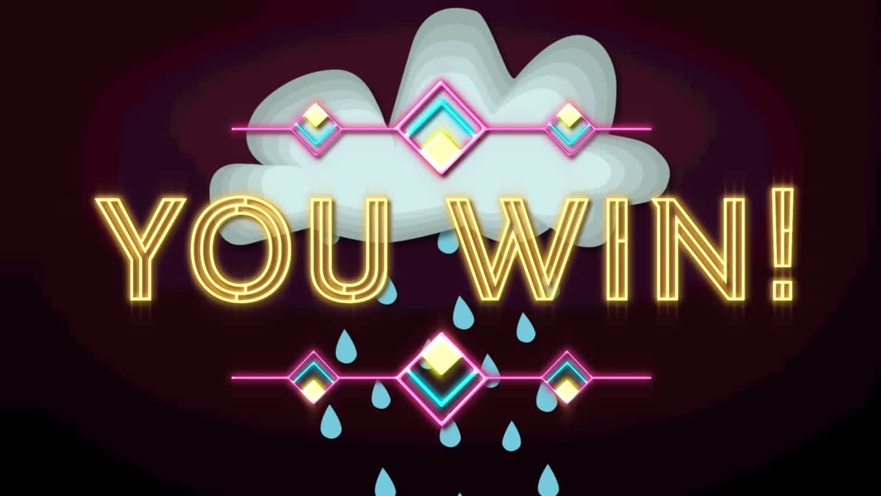 보라색 배경에 비가 내리는 구름 위에 텍스트를 이기는 애니메이션