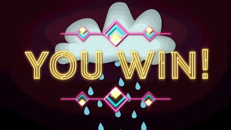 animation of you win text over cloud with rain on purple background