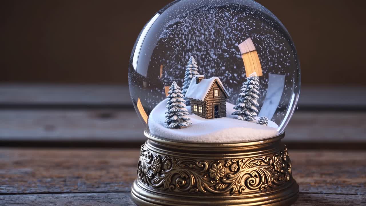 Close-up video of a snow globe with a cozy cabin and snow-covered trees, shot at eye level