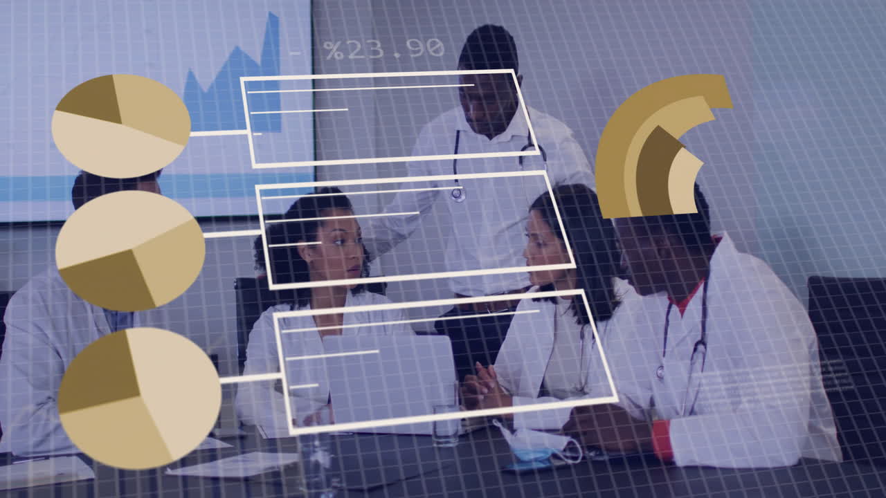 Animation of diagrams and data processing over diverse doctors discussing work at meeting