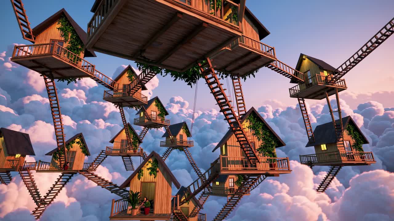 Wooden houses suspended above misty clouds, interconnected by wooden walkways, creating ethereal skyscape glowing with sunset colors and dreamlike architectural fantasy