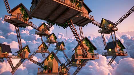 Wooden houses suspended above misty clouds, interconnected by wooden walkways, creating ethereal skyscape glowing with sunset colors and dreamlike architectural fantasy