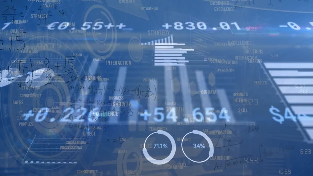 Animation of numbers, graphs and financial data on navy background