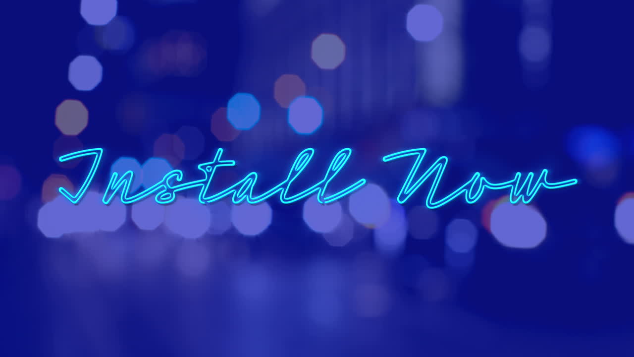 블루 배경에 밤에 도시 풍경 위에 지금 설치 텍스트의 애니메이션