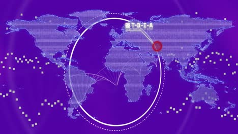 Animación-Del-Hilado-De-Hebras-De-Adn-Y-Procesamiento-De-Datos-Con-Mapa-Mundial-Sobre-Fondo-Púrpura