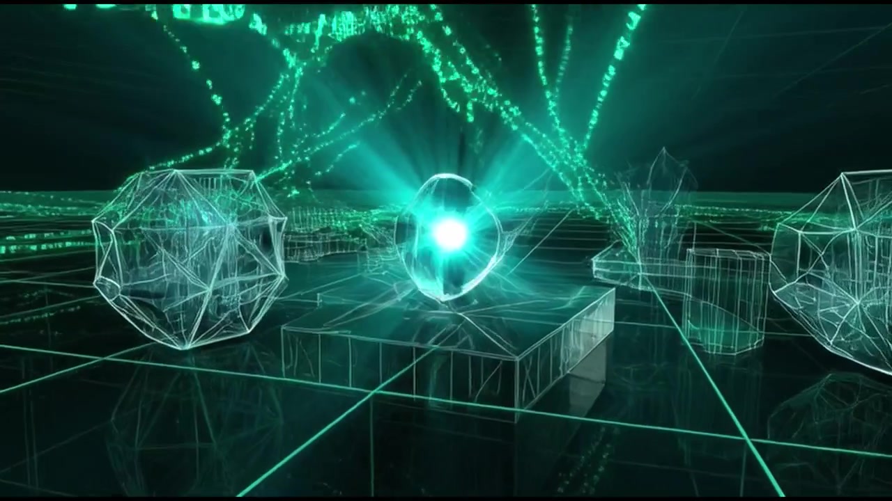 Abstract Digital Grid with Glowing Data Streams and Geometric Shapes