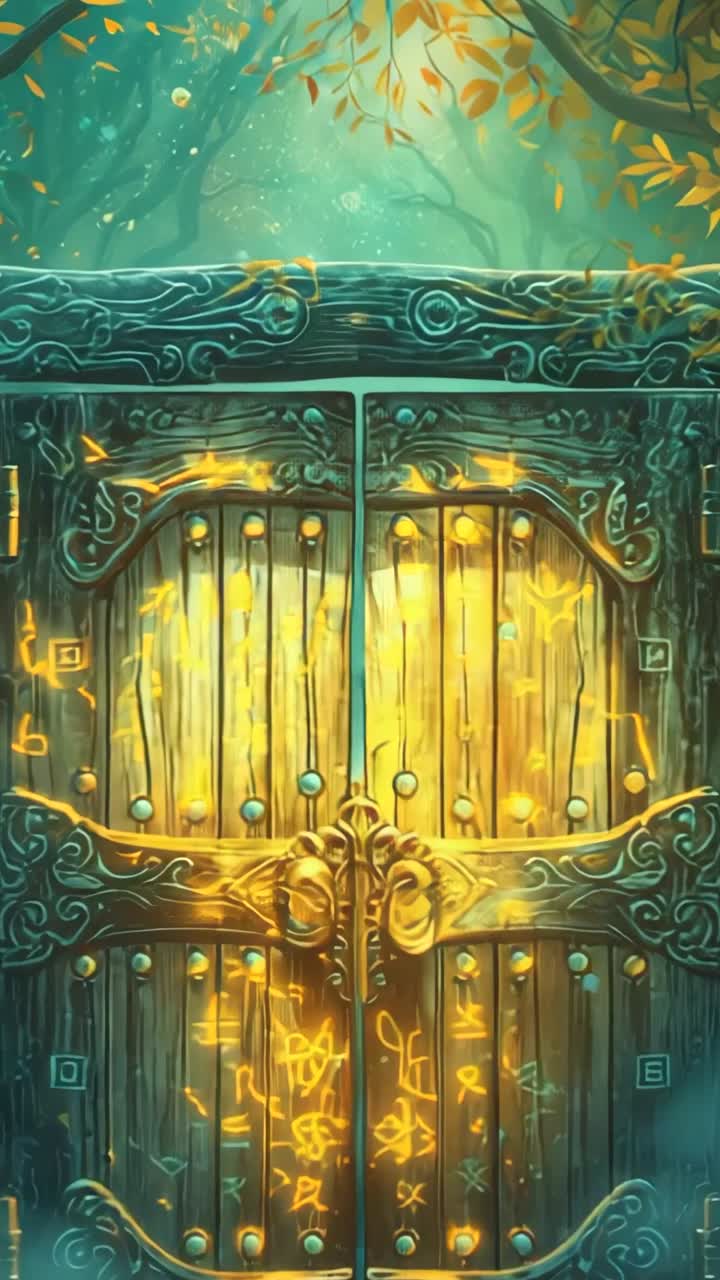 Vertical video: Ornate runic gate glowing in glade as golden leaves drifting, suggesting opening