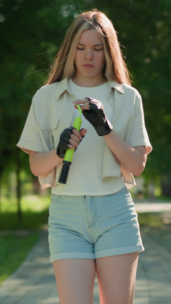 joven se pasea por un parque iluminado por el sol, inspeccionando la bomba de aire verde con expresión enfocada, el fondo incluye árboles y vegetación, mientras otra persona pasa en la distancia