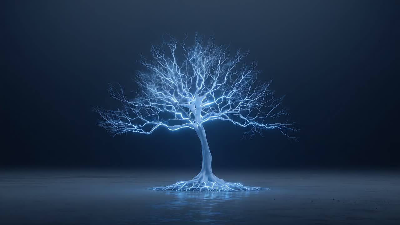 A Stunning Digital Representation of a Tree with Glowing Electric Branches and Roots, Set Against a Dark Background, Symbolizing Energy and Nature's Connection