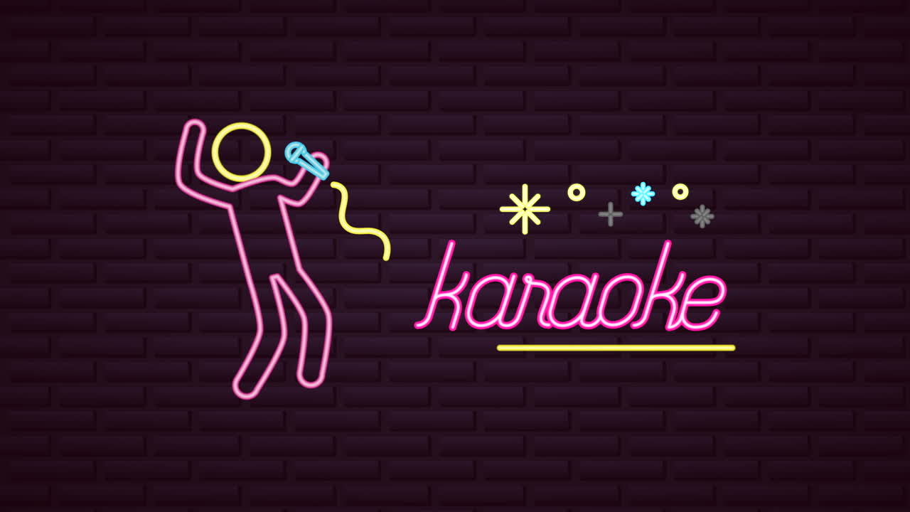 네온 조명 카라오케 라벨과 함께 벽
