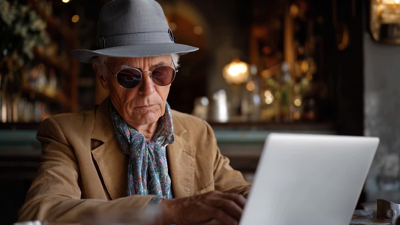Elderly man wears fedora and sunglasses. He types on laptop, focused, calm, thoughtful. Cafe setting with warm, soft background lighting. Ideal for retirement, digital lifestyle