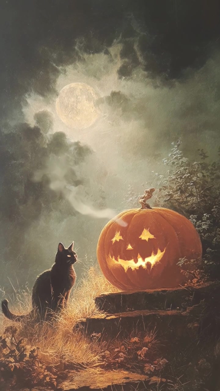 Gatto nero seduto accanto a una Jack-o'-lantern luminosa sotto una luna piena