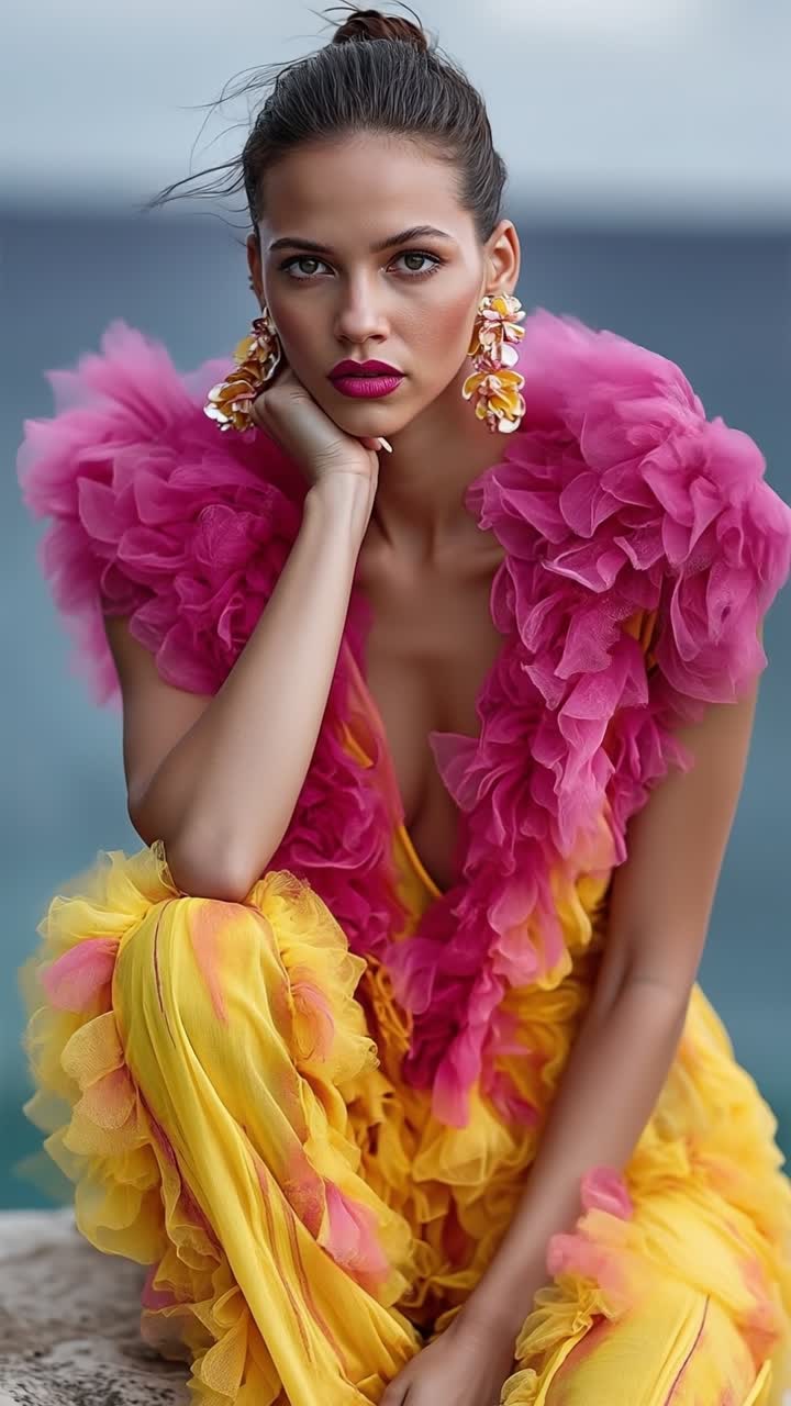 Modella elegante che indossa un voluminoso top rosa a balze e un vestito giallo in posa all'aperto sulla costa rocciosa.