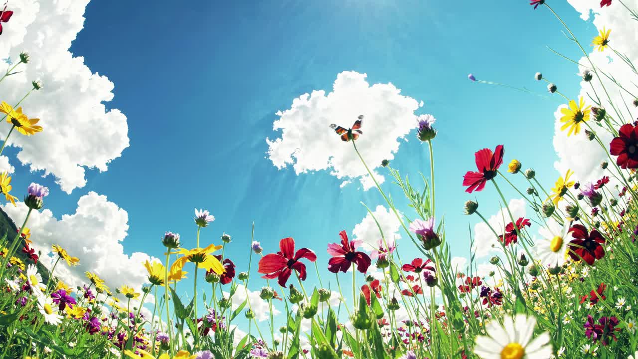 Video girato dal basso angolo di campo di vivaci fiori di campo su un cielo blu brillante con nuvole soffici