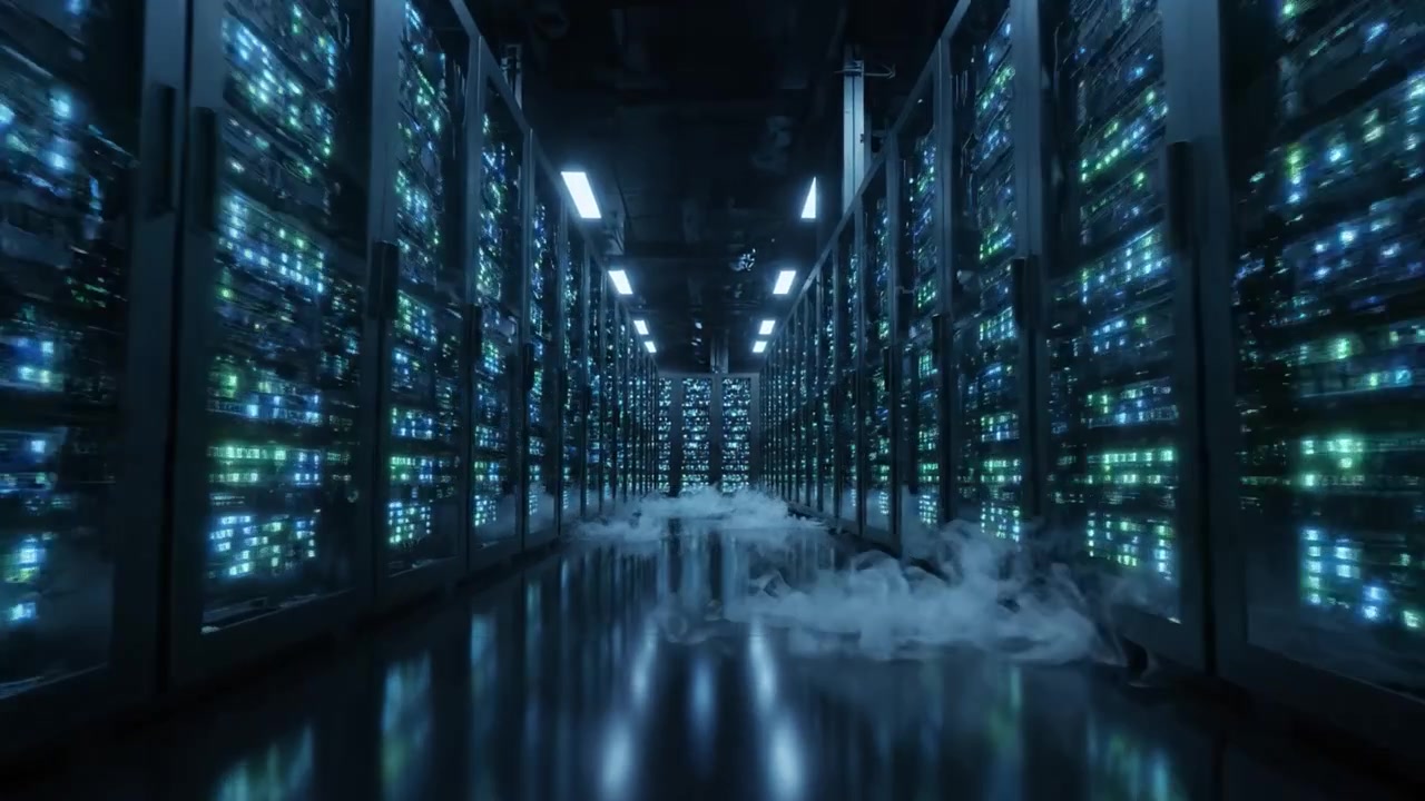 Et højteknologisk datacenter om natten, med rækker af oplyste servere og tåge for en futuristisk atmosfære med levende LED-lys og glødende skærme.