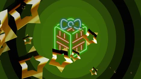 animation of stars falling over neon christmas present and green circles