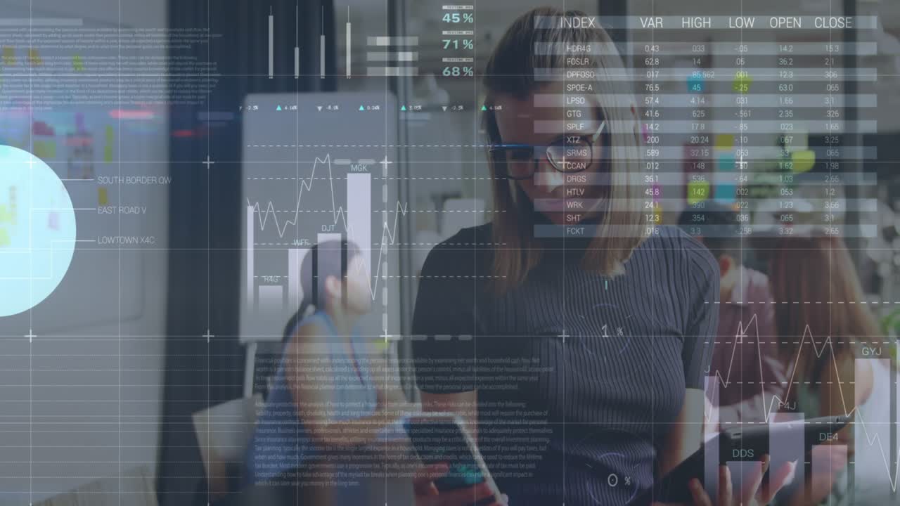 Animation of statistical data processing over caucasian woman using tablet and smartphone at office