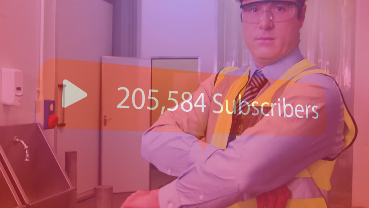 Play button and subscriber count animation over construction worker in safety gear