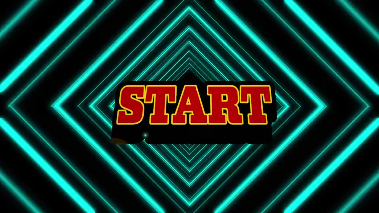 Animation of start text over neon shapes on black background