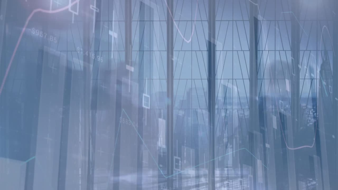 4k 배경에 금융 데이터와 함께 걸어가는 사람들