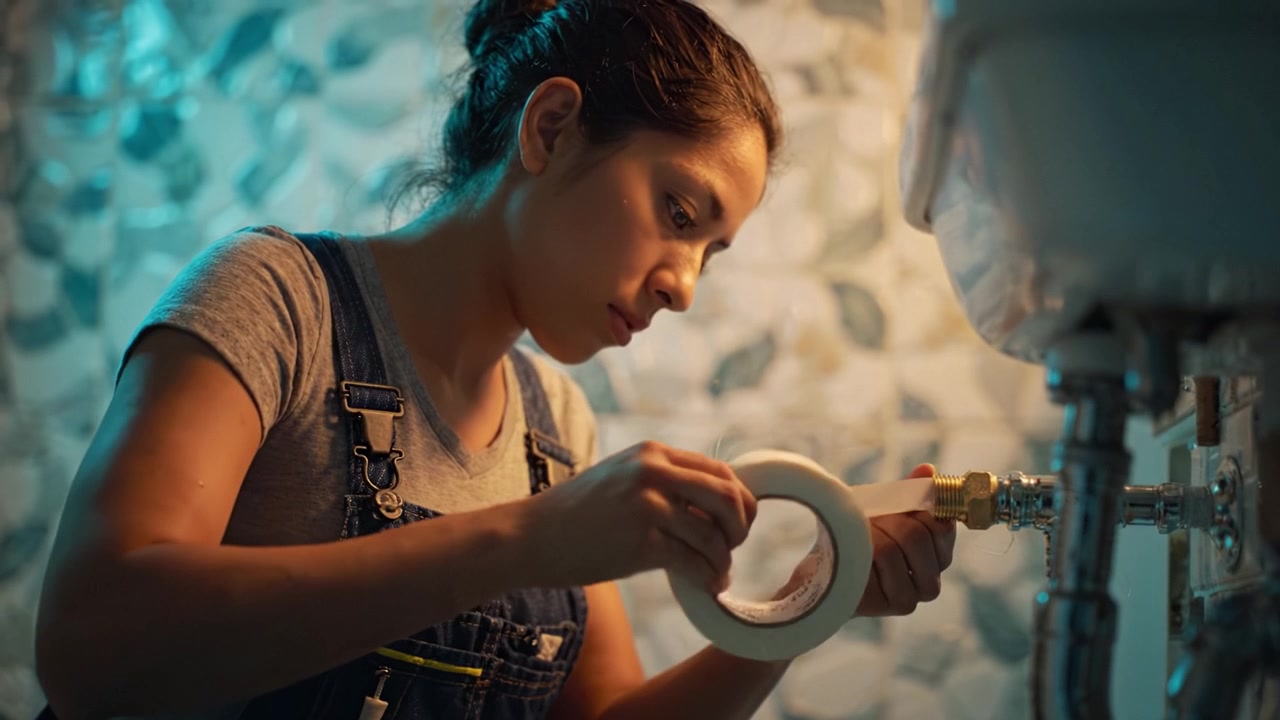 Fixing a Pipe: A Young Woman Carefully Applies Tape to Ensure a Leak-Free Connection Underneath a Sink in a Softly Lit Room