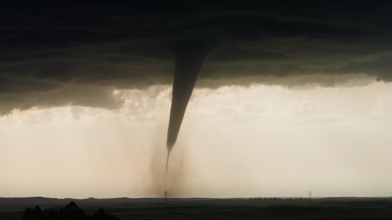 Tornado Forming from Rotating Wall Cloud Over Farmland Plains