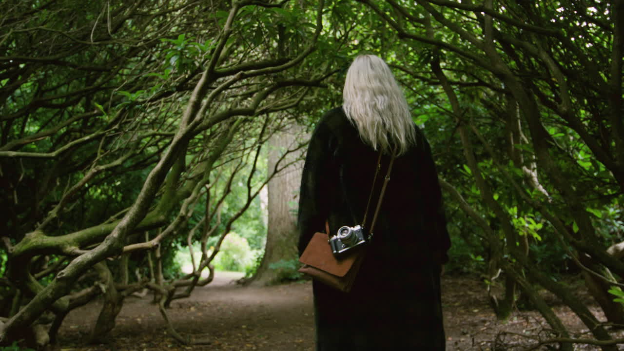 joven fotógrafa rubia hipster chica mujer caminando por un bosque mágico de la historia con árboles aterradores con una bolsa vintage y una cámara fujifilm cámara fotográfica antigua capturando aventuras verano europeo