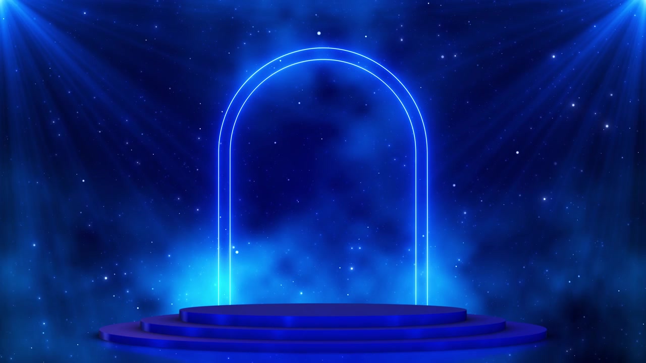Futuristic blue award platform background with luminous arch soft spotlights starry sky and clean
