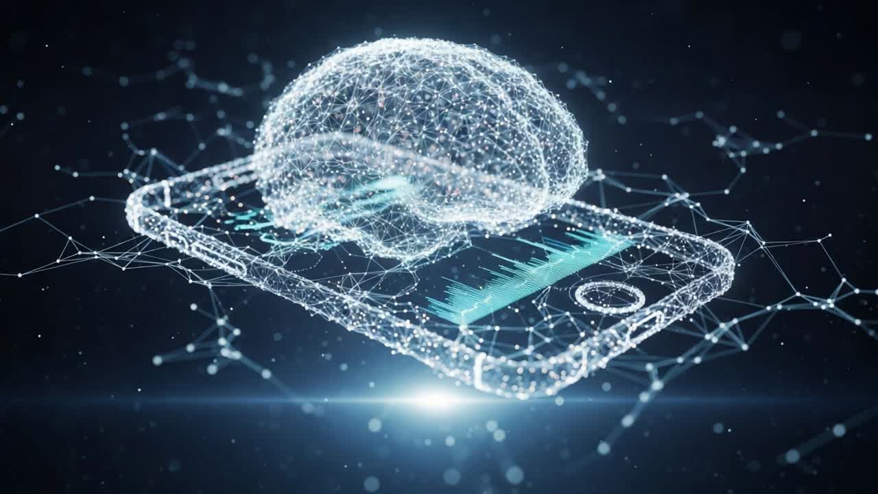 Exploring the Intersection of Technology and Intelligence: A Visual Representation of a Brain Interacting with a Smartphone in a Digital Landscape