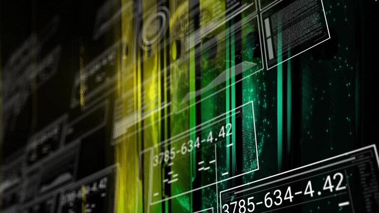 Sfondo che rivela pannelli wireframe che avviano strisce scorrevoli giallo-verdi, aggiornando pannelli numerici