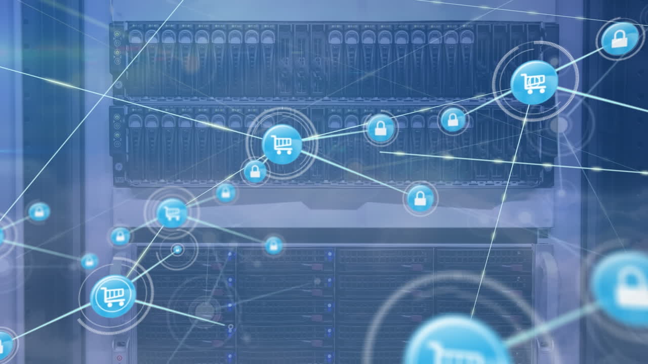 하늘의 구름에 대한 컴퓨터 서버의 클로즈업에서 디지털 아이콘 네트워크의 애니메이션