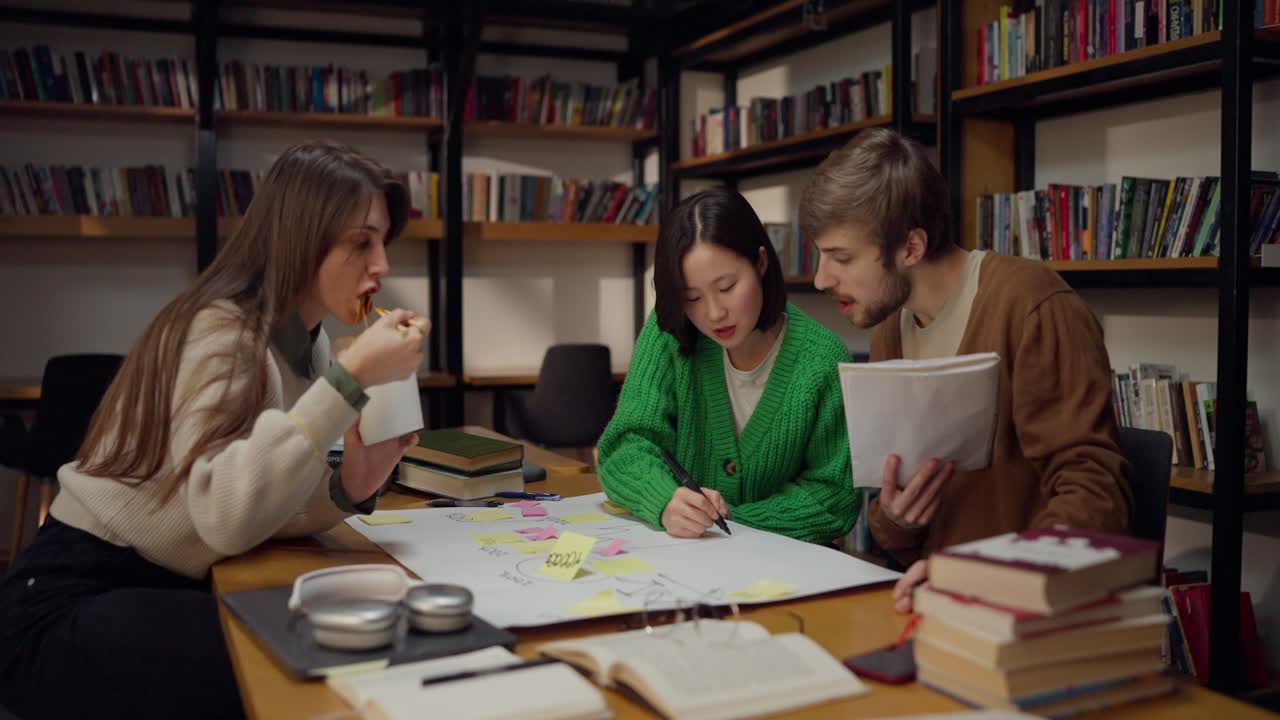 estudiantes que colaboran en una biblioteca
