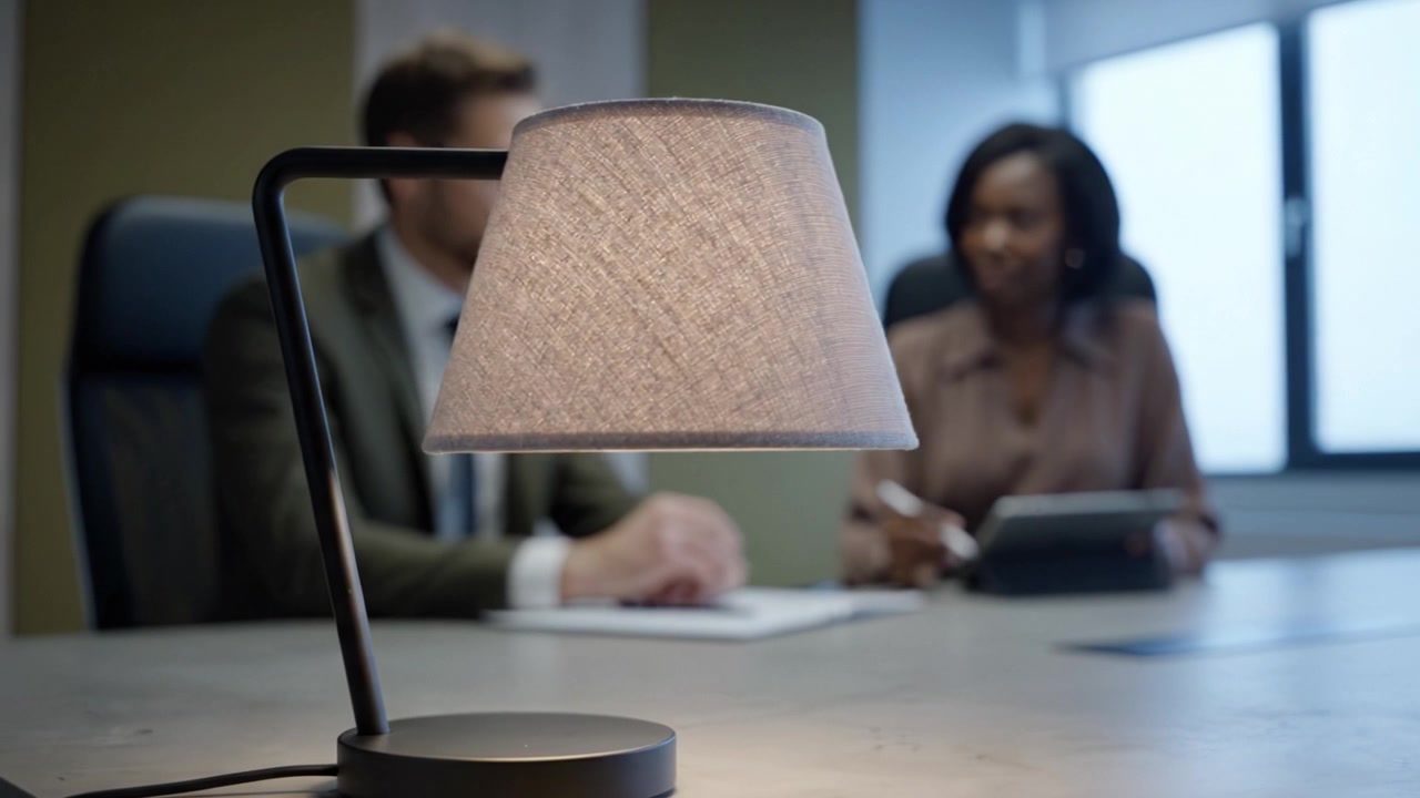 Una reunión de negocios concentrada con una elegante lámpara de mesa destacando la interacción y colaboración entre profesionales en un entorno de oficina moderno.