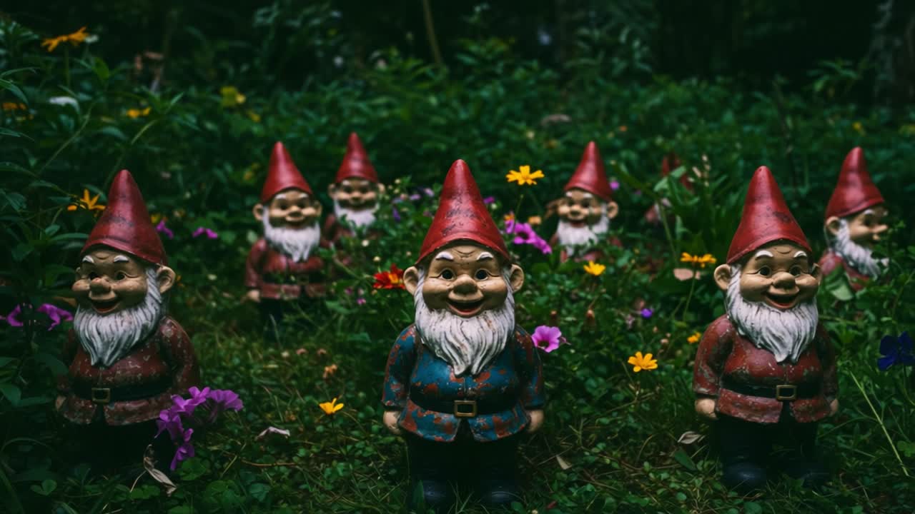 A Whimsical Gathering of Garden Gnomes Surrounded by Colorful Blossoms, Capturing a Playful Scene in the Heart of Nature's Serenity