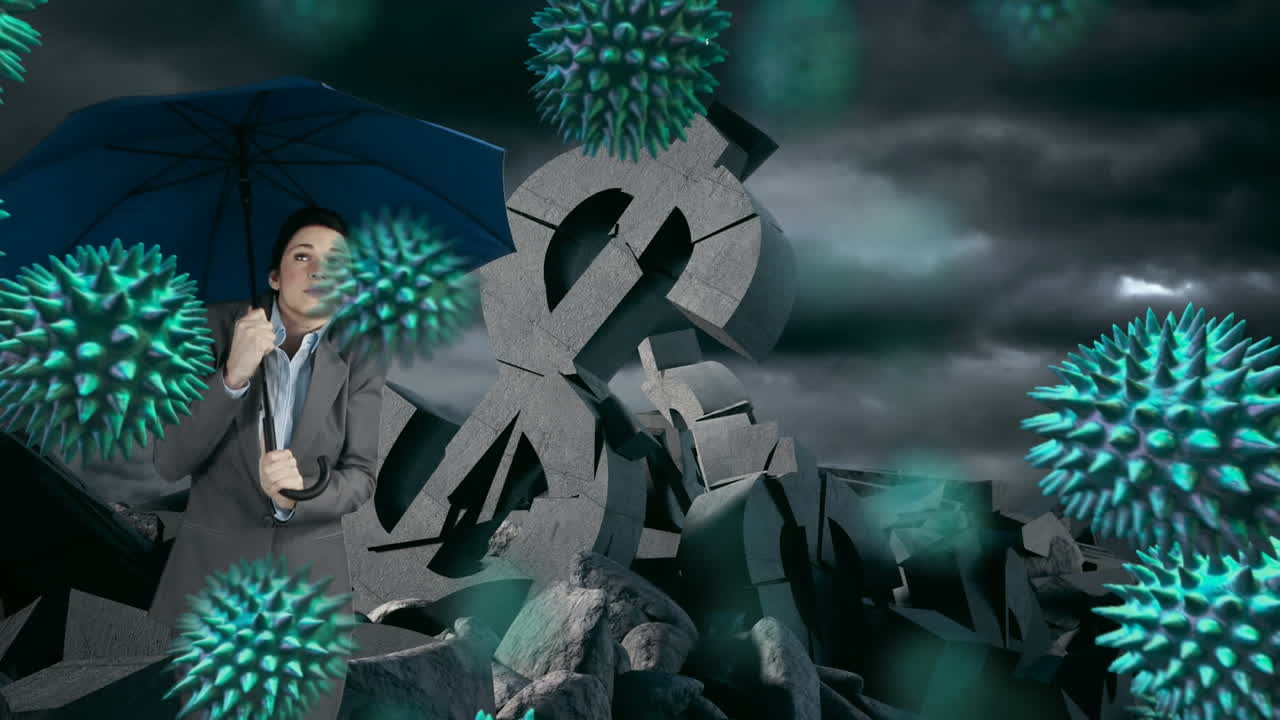 부서진 달러 기호에 대한 우산을 들고 있는 사업가 여성 위에 떠다니는 여러 코로나19 세포