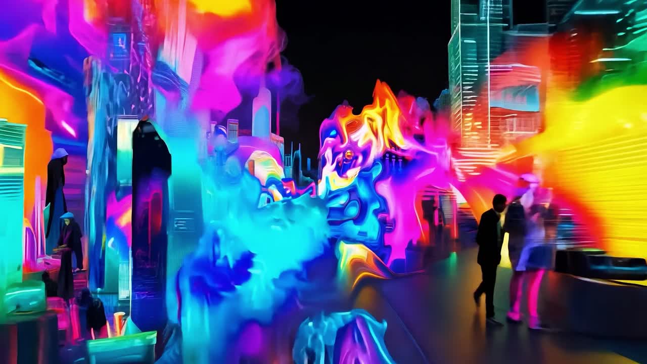 생생한 색과 반이는 불빛으로 추상적인 도시 풍경