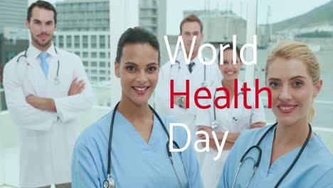 animation of world health day text over smiling diverse team of female and male doctors
