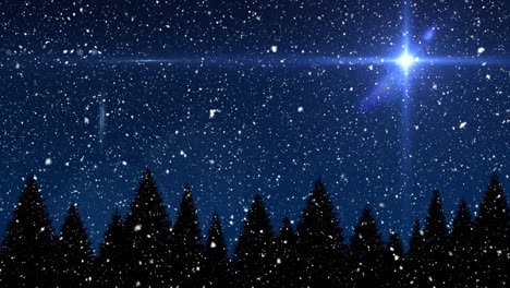 snow falling over silhouette of trees against spot of light on blue background