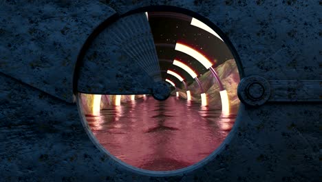 la escotilla de hierro abre una vista panorámica a la escena del paisaje extraterrestre. fondo abstracto 3d de corredor de ciencia ficción. tecnología futurista abstracto vj sin costuras para títulos tecnológicos y fondo.