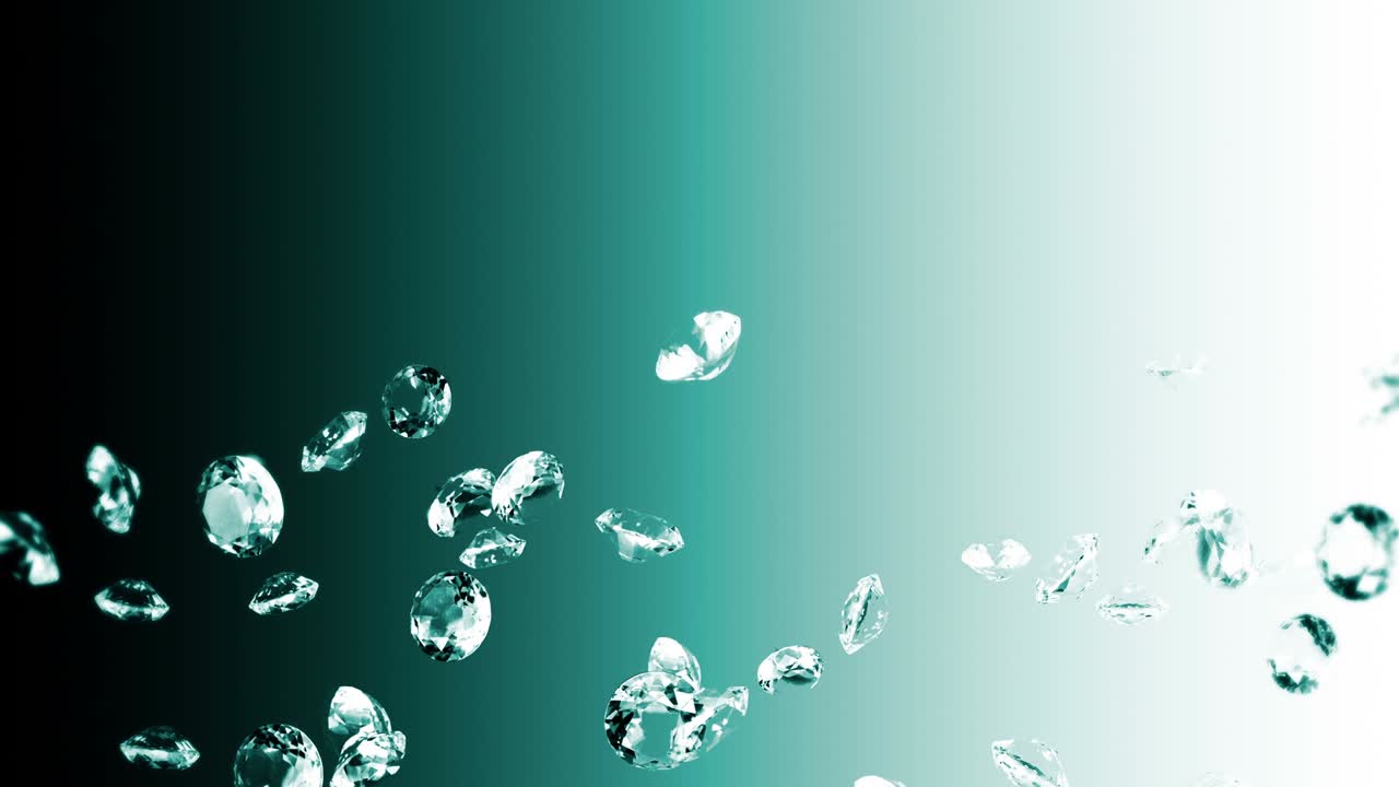 에메랄드 녹색 바탕에 많은 보석 다이아몬드를 날아. 투명하고 귀중한 보석을 빛니다. 화려한 다이애몬드 회전의 3d 애니메이션. 루프 애니메이션.