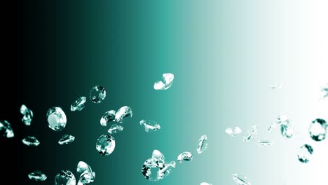 flying many jewelry diamonds on emerald green background. shine transparent, precious gem. 3d animation of brilliant diamond rotating. loop animation.