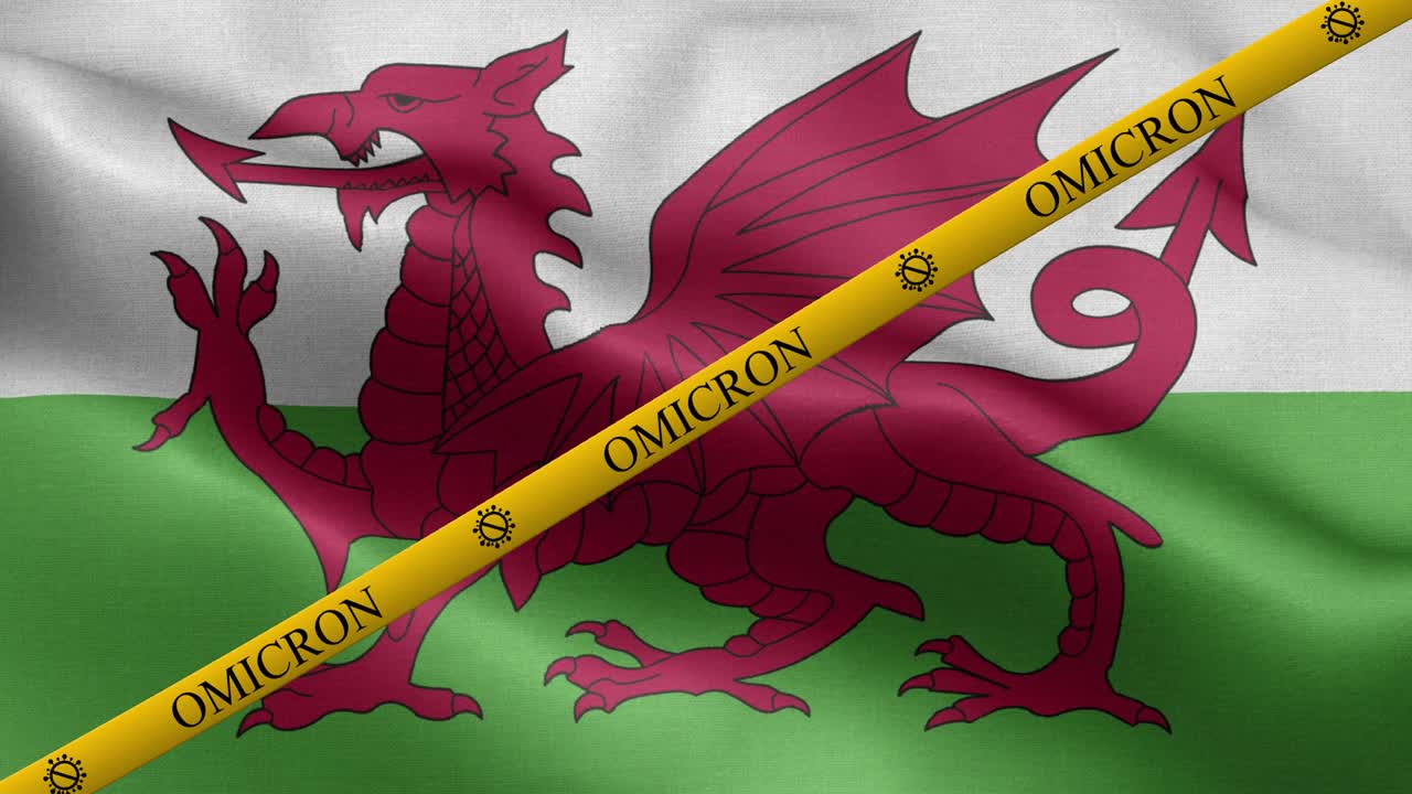 variante omicron y franja de prohibición en la bandera de gales - bandera de gales