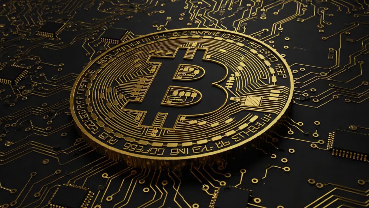 A Close-Up View of a Bitcoin Amidst a Complex Circuitry Background, Illustrating the Intersection of Digital Currency and Modern Technology