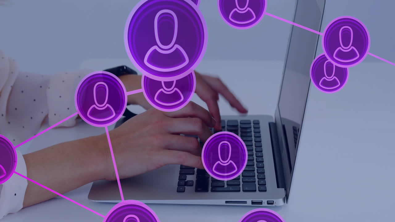 Hands typing on laptop with purple network icons overlay animation