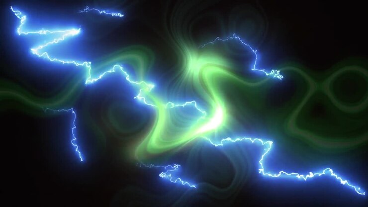 Animazione di lampi blu luminescenti su luce liquida verde su sfondo nero.
