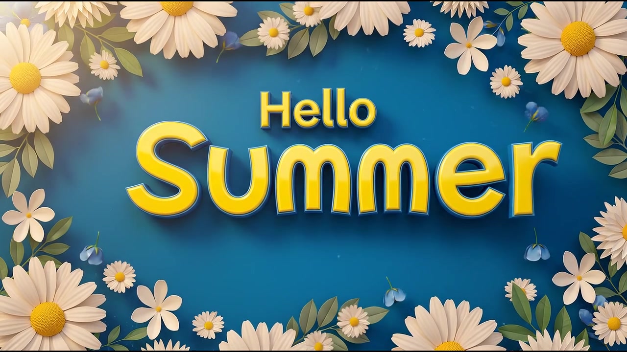 Hello Summer Elegant Floral Typography Animation with Daisy Flowers on Soft Blue Background
